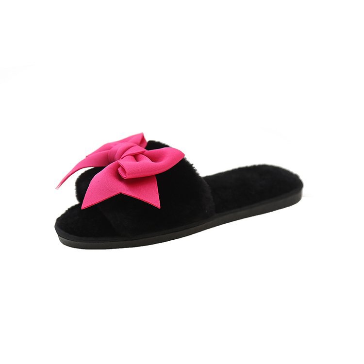 Korean stylish and fashionable bow wool slippers for women's winter home, soft soled comfortable and warm cotton slippers for women Item Picture
