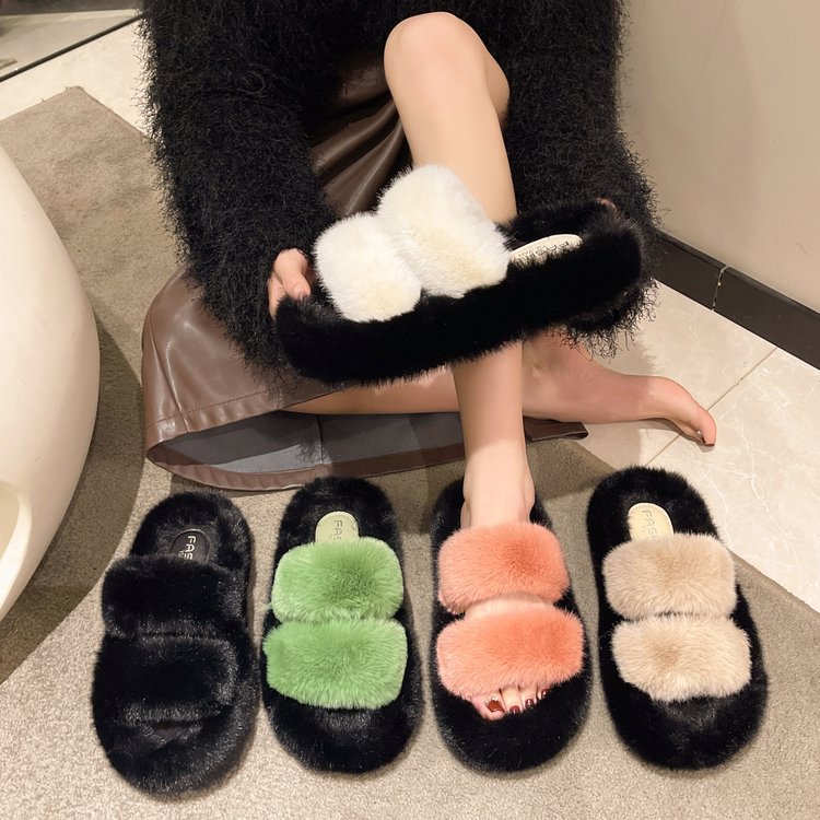 2025 New autumn and winter casual fashion trend Fluffy warm slippers Women's ins Versatile fluffy slippers Specification drawing