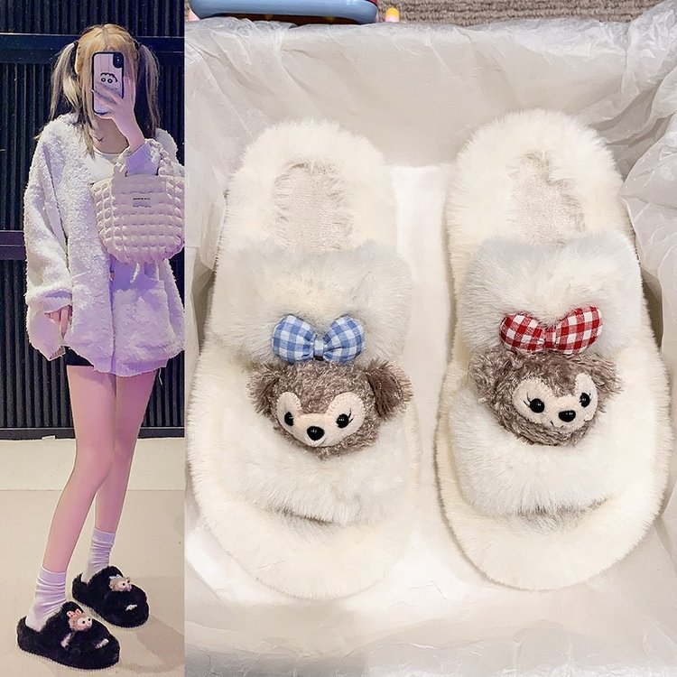 In 2025, cute doll comfortable slippers for women, warm and fluffy Korean-style casual home wear, versatile plush slippers full figure