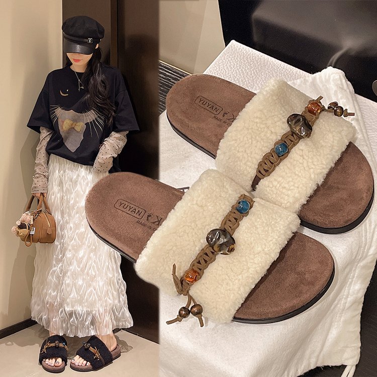 Ethnic-style beaded thick-soled woolen slippers for women's autumn new style outdoor slippers, fashionable and versatile, fleece open-toe slippers details Picture