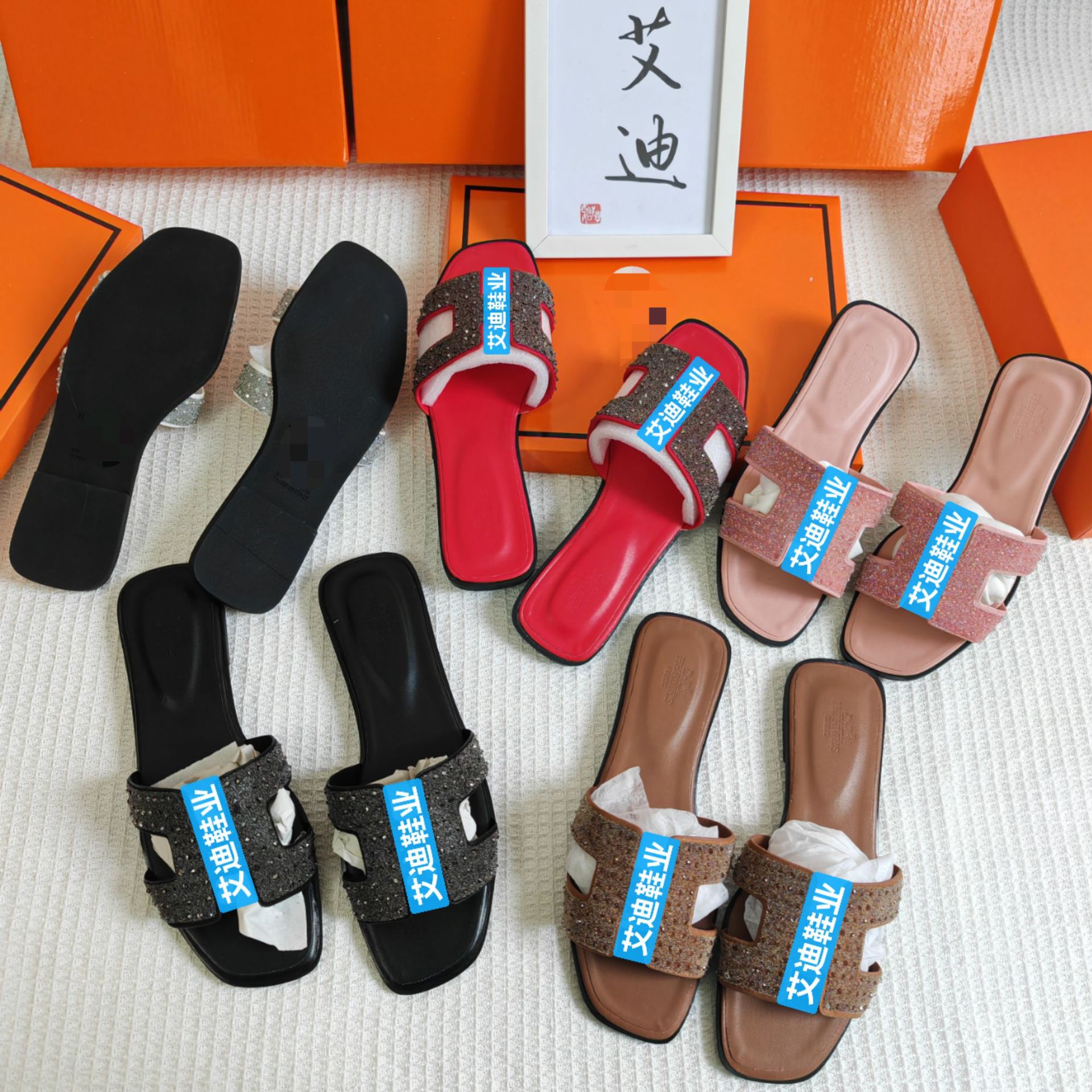 Cross-border H Slippers bestseller rhinestone Sandals for Women summer flat sandals sandals Slippers women details Picture
