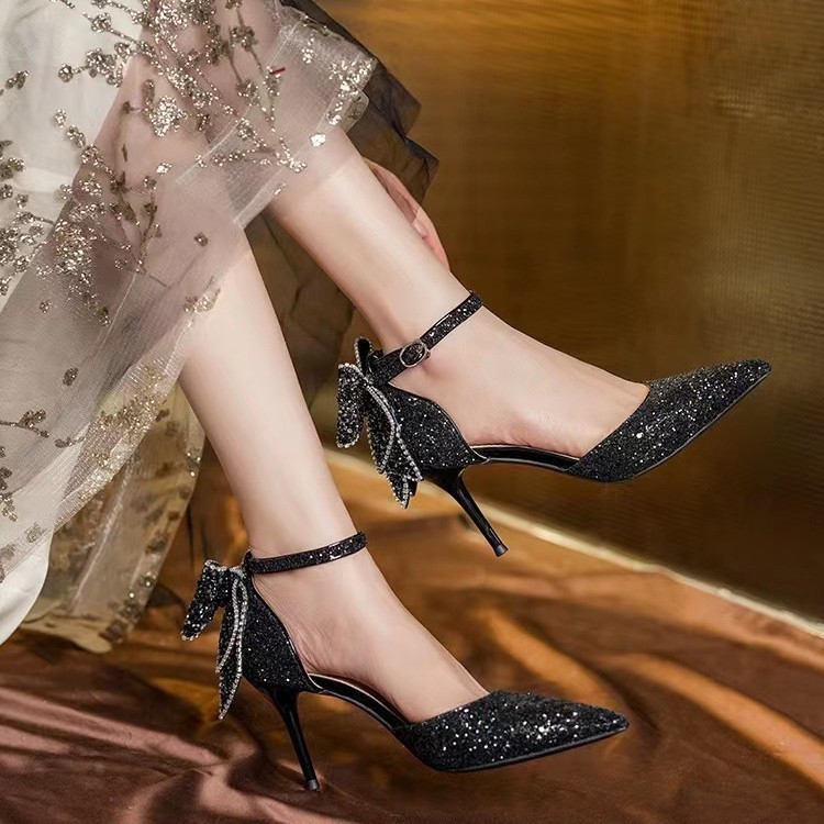 Main wedding dress, wedding shoes, high heels, wedding shoes, bow shoes, women's thin heels, 2025 new style, high-heeled sandals, black details Picture