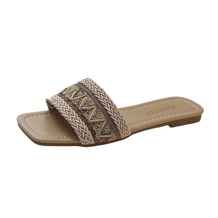 Ethnic-style fisherman's cool slippers for women to wear outside in summer, large-sized straw woven sweat-absorbing flat flat casual one-shoulder slippers Item Picture