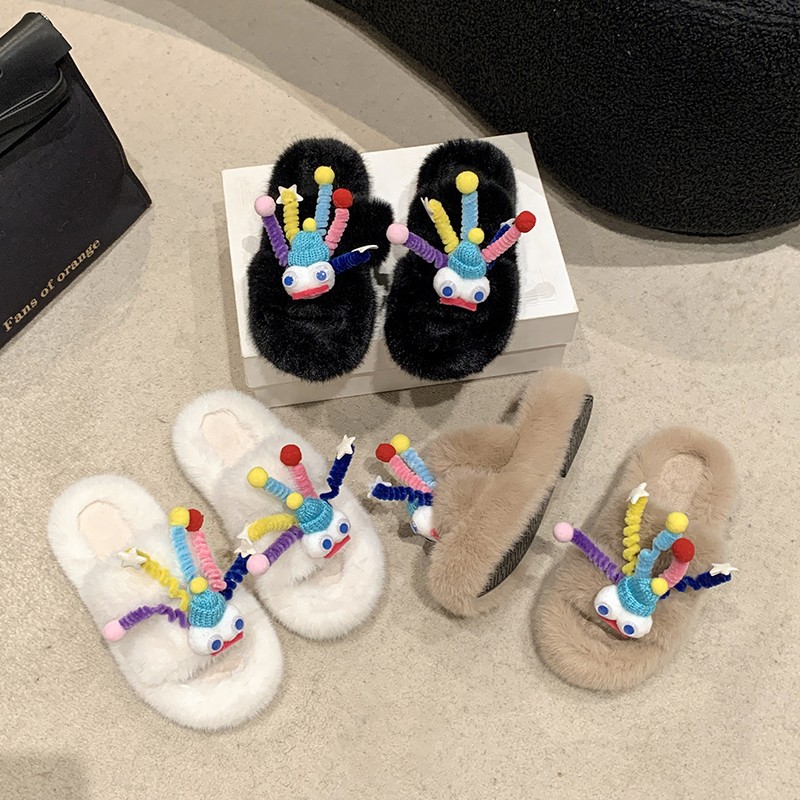 Funny belt-decorated furry slippers for women's outerwear 2025 autumn/Winter new home trend double-bar warm plush slippers full figure