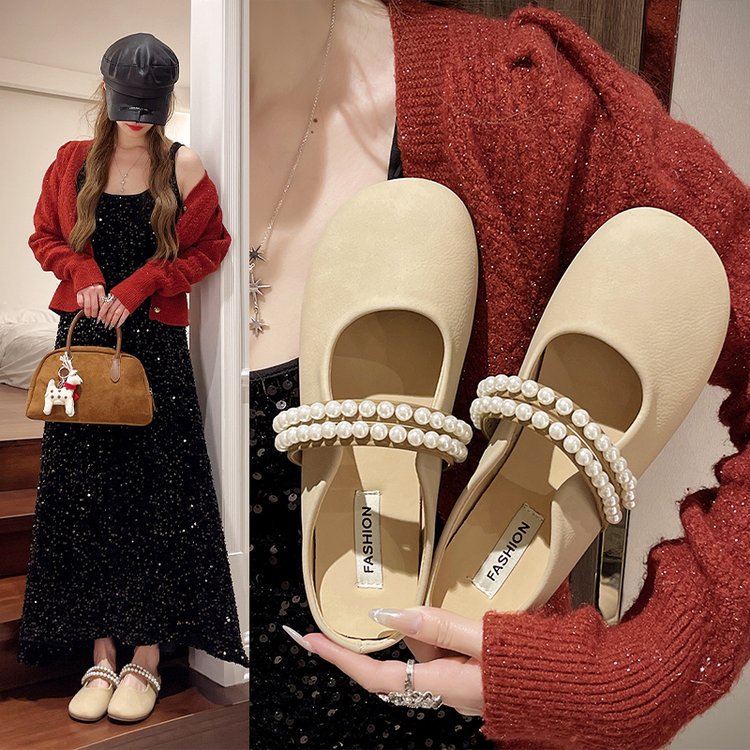 Pearl head flip-flops for women's summer outerwear, 2025 new Korean fairy style cool flip-flops, flat and fashionable muller half slippers full figure