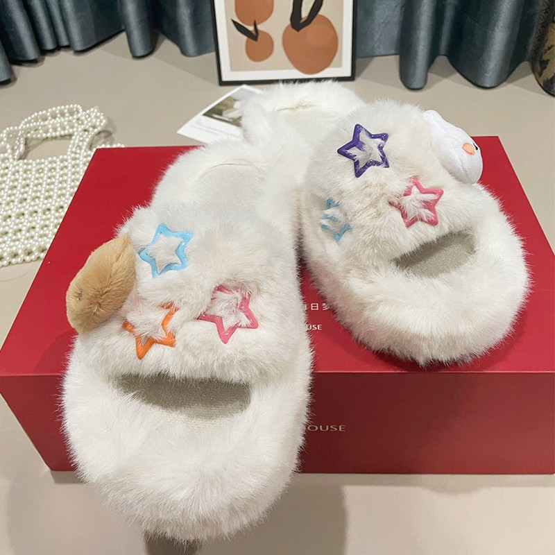 Cute and girlish thick-soled furry slippers for women to wear outside 2025 autumn/winter new style, Star Home Warm plush slippers full figure