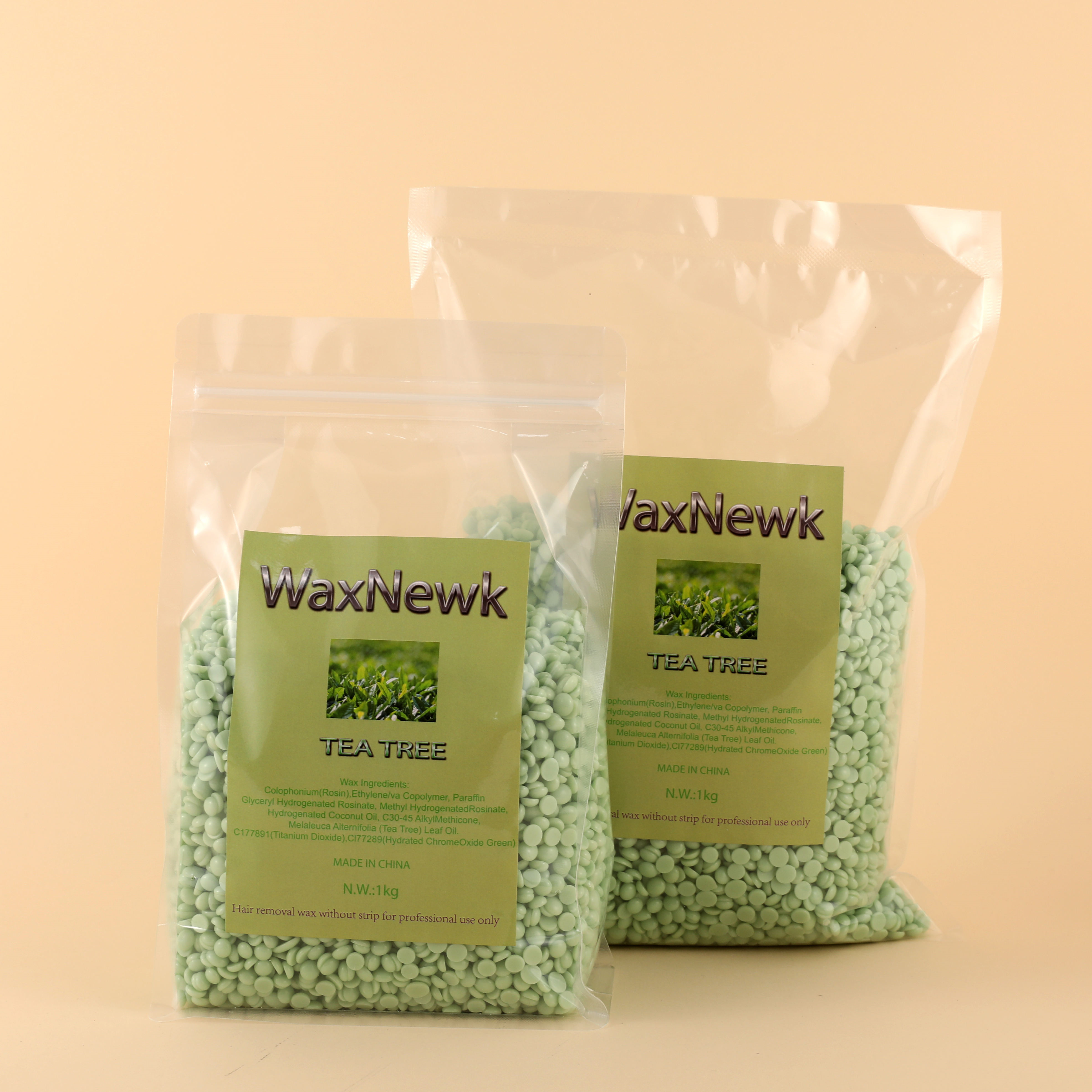 外贸专供WaxNewK脱毛蜡豆1kg茶树免纸固体硬蜡腿毛去除美容院质量脱毛蜡wax脱毛豆
