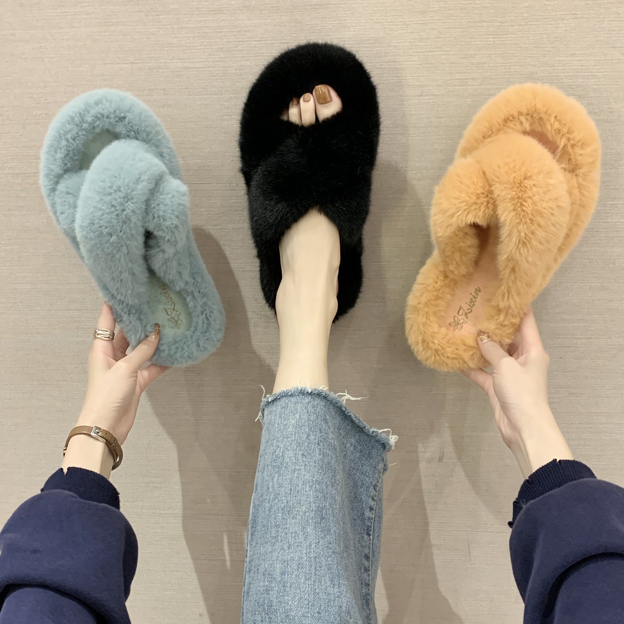 MAO MAO Slippers Women's 2025 Autumn New style cross thick-soled rabbit fur flat flat casual outerwear one-line home slippers Specification drawing