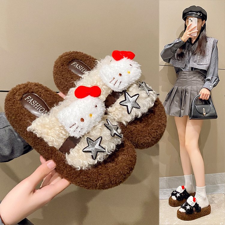 Cute cartoon kitten cotton slippers, new style for autumn and winter 2025, fashionable outerwear, casual and versatile one-shoulder slippers full figure