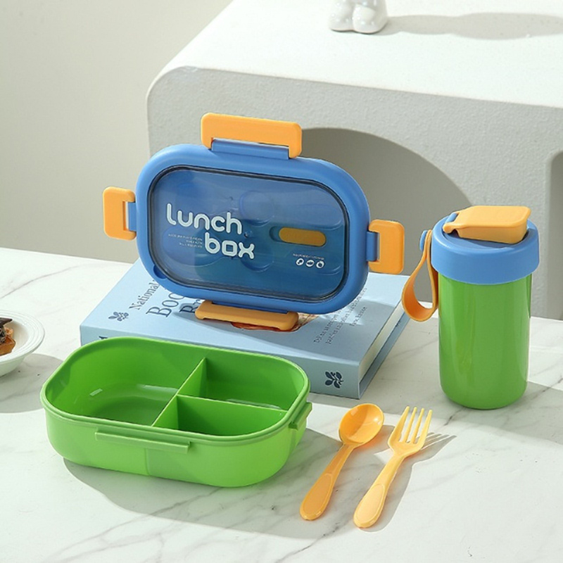 儿童饭盒水杯餐具套装 四色分隔密封便当盒 学生便携带饭餐盒组合详情3