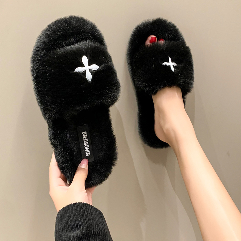 MAO MAO Slippers Women's autumn and winter outerwear rabbit fur 2025 New style Versatile four-leaf clover embroidered one-line home plush slippers Specification drawing