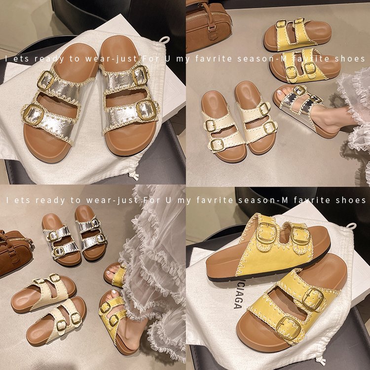 Design sense, niche thick-soled leather Burken shoes, slippers, women's shoes, summer silver flip-flops, casual beach shoes Specification drawing