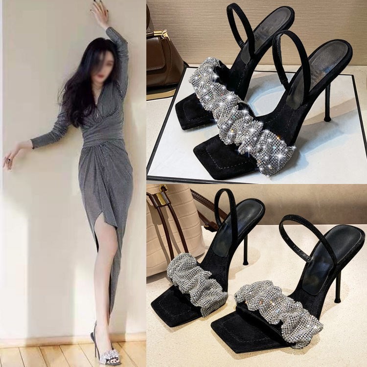 Women's 2025 summer new fairy-style sandals, rhinestones, thin-heeled high heels, large-sized flip-flops full figure