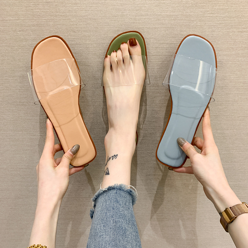 New Korean style women's shoes for Spring/Summer 2025, fashionable one-shoulder, flat and transparent, popular cool slippers for women Specification drawing