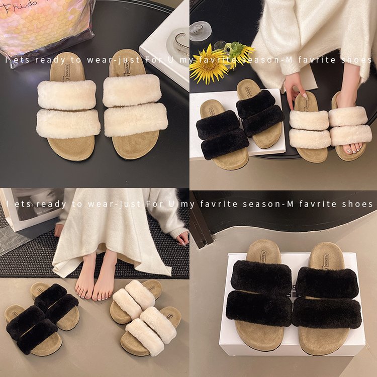 White thick-soled woolen slippers for women's outerwear, a new style of fluffy and fleece one-line cotton slippers in the autumn of 2025 Specification drawing