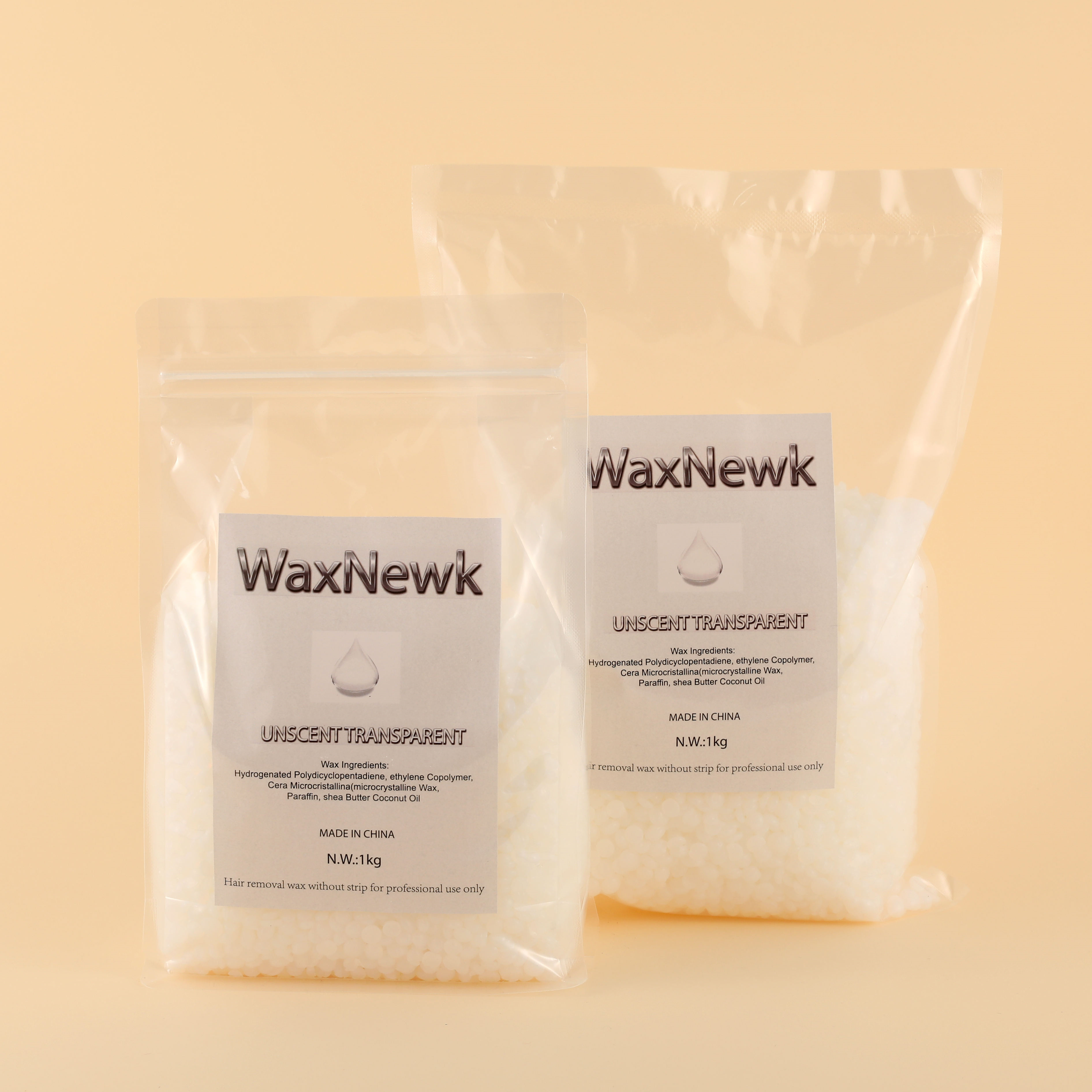外贸专供WaxNewK 1kg无味透明无松香脱毛蜡豆粘性强美容院质量低敏全身蜡body wax hair removal