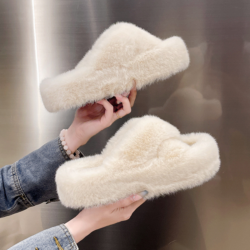 The new 7-centimeter crossed woolen slippers for women's outdoor wear in the 2025 autumn and winter season are a trend of indoor open-toe warm cotton slippers Specification drawing