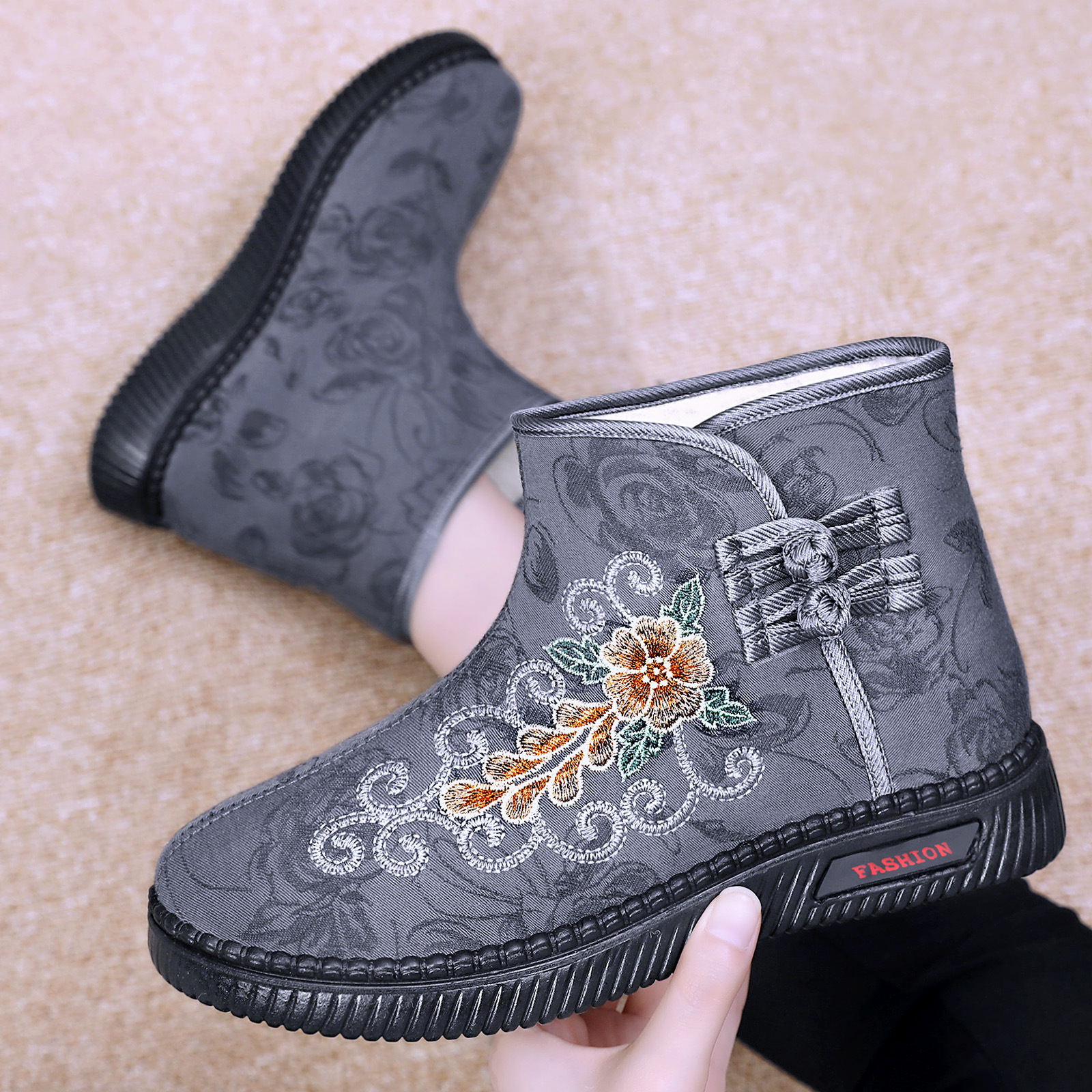 New winter cotton shoes, women's shoes, fleece and thickened, versatile snow boots, embroidered casual one-foot cotton boots, cross-border consignment Specification drawing