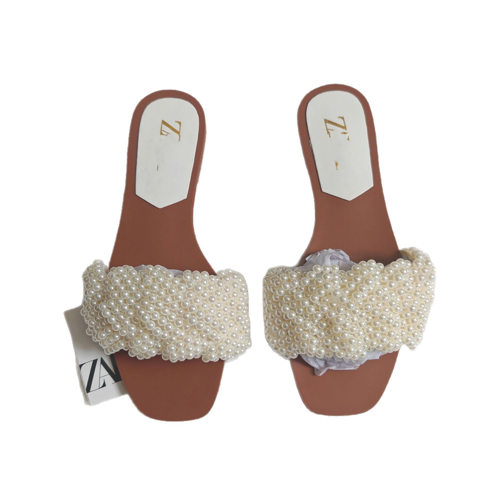 In-stock export ZA original single women's flat sandals with artificial pearl inlay and fashionable square toe one-strap for outerwear Item Picture