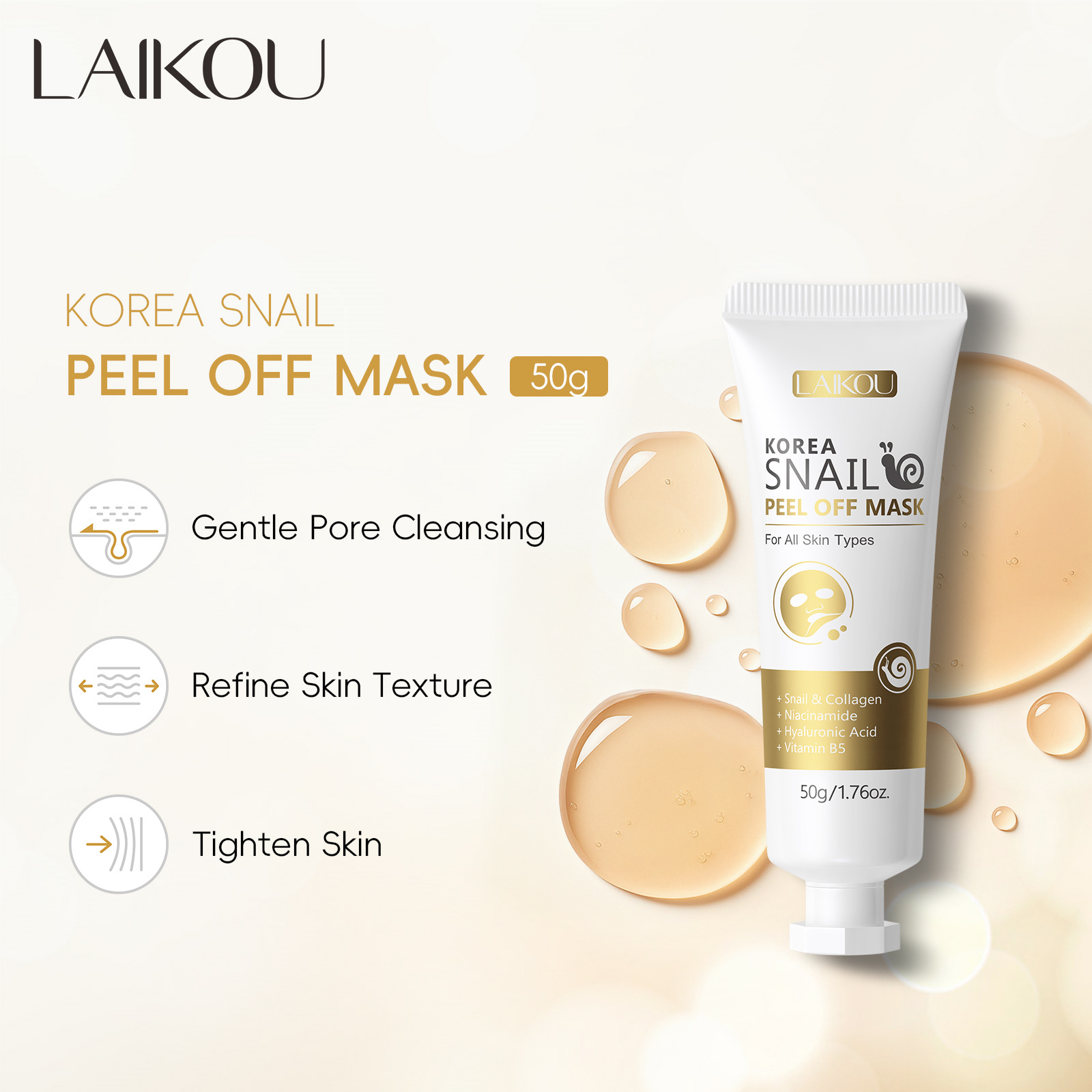 Cross-border new product LAIKOU Snail Pear-off Mask 50g, an all-English mask for export, FDA skin care products manufacturer in stock full figure