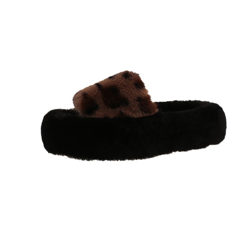 Leopard print, 4-centimeter-tall, petite, furry slippers for women to wear outside, 2025 autumn and winter, one-shoulder cotton slippers Item Picture