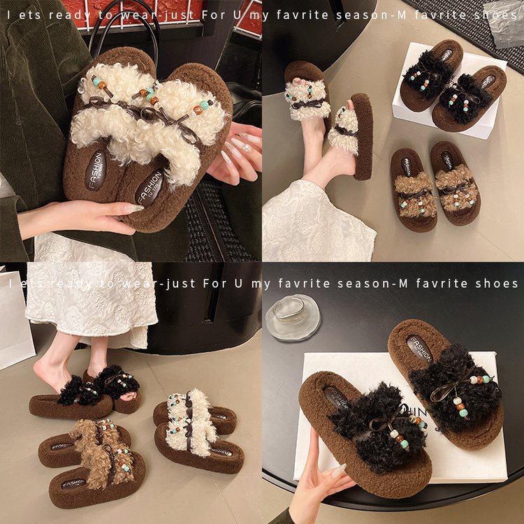 Thick-soled woolen slippers for women to wear outside in autumn and winter 2025, a new style for fashionable outings. Petite, fluffy cotton slippers with sponge rolls Specification drawing
