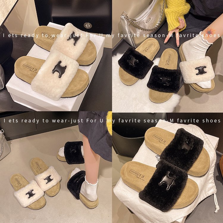 Thick-soled woolen slippers for women's outerwear, 2025 new style fashionable and versatile casual one-shoulder slippers, plush sponge cotton slippers Specification drawing