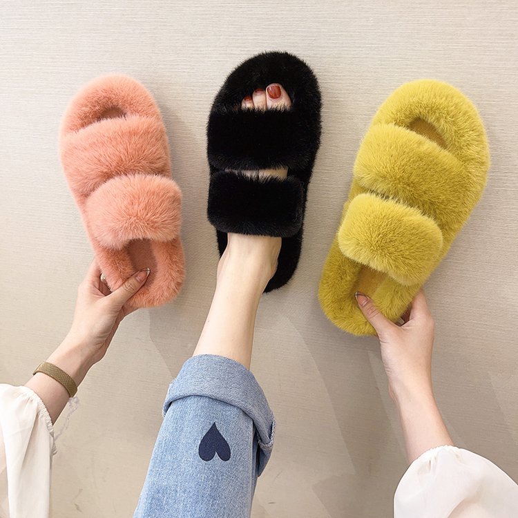New autumn and winter double-strap fleece slippers for outerwear, fashionable and casual women's one-shoulder cotton slippers, flat-bottomed home, 42 fleece slippers Specification drawing
