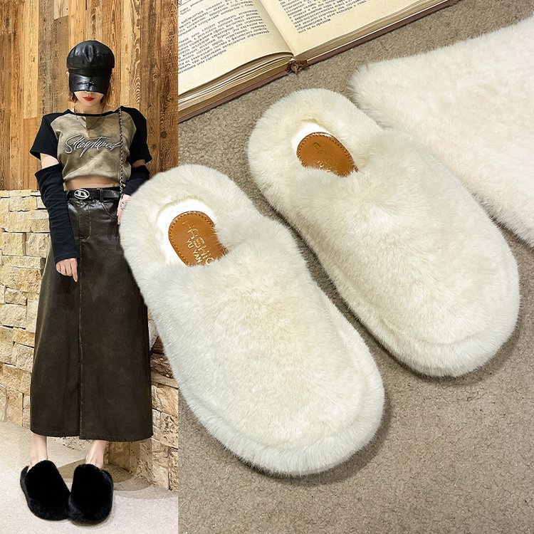Baotou MAO MAO Slippers for women to wear outdoors in autumn and winter, 2025 new anti-slip indoor home plush cotton slippers full figure