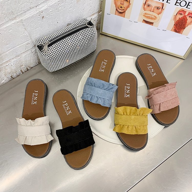 Spring and summer new Korean-style lace one-shoulder slippers, flat casual women's flip-flops, women's student flat beach shoes Specification drawing