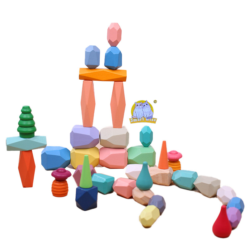 Children's educational wooden colored stone stacking game balanced stacking stone building blocks toy, 3-6 years old Montessori early education toy Item Picture