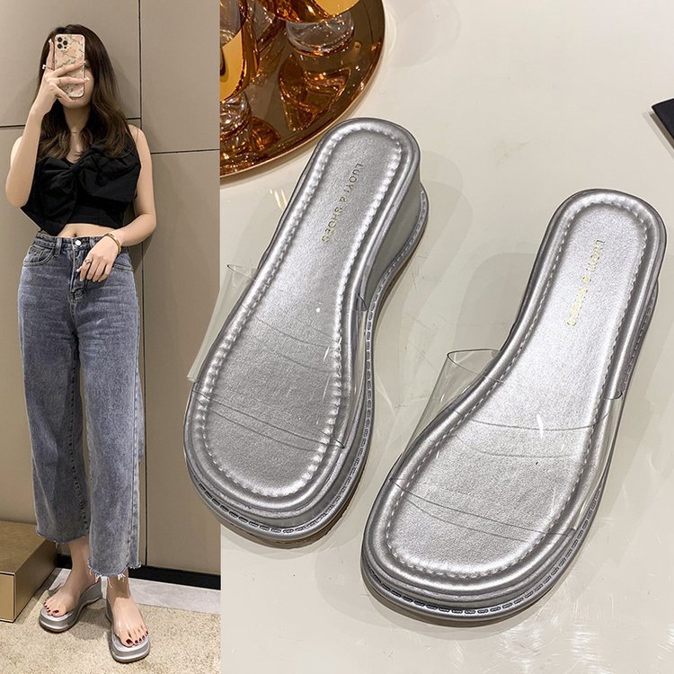 Thick-soled wedge heel slippers for women's summer outerwear, fairy style 2025 new transparent one-strap sandals, high-heeled simple flip-flops Specification drawing