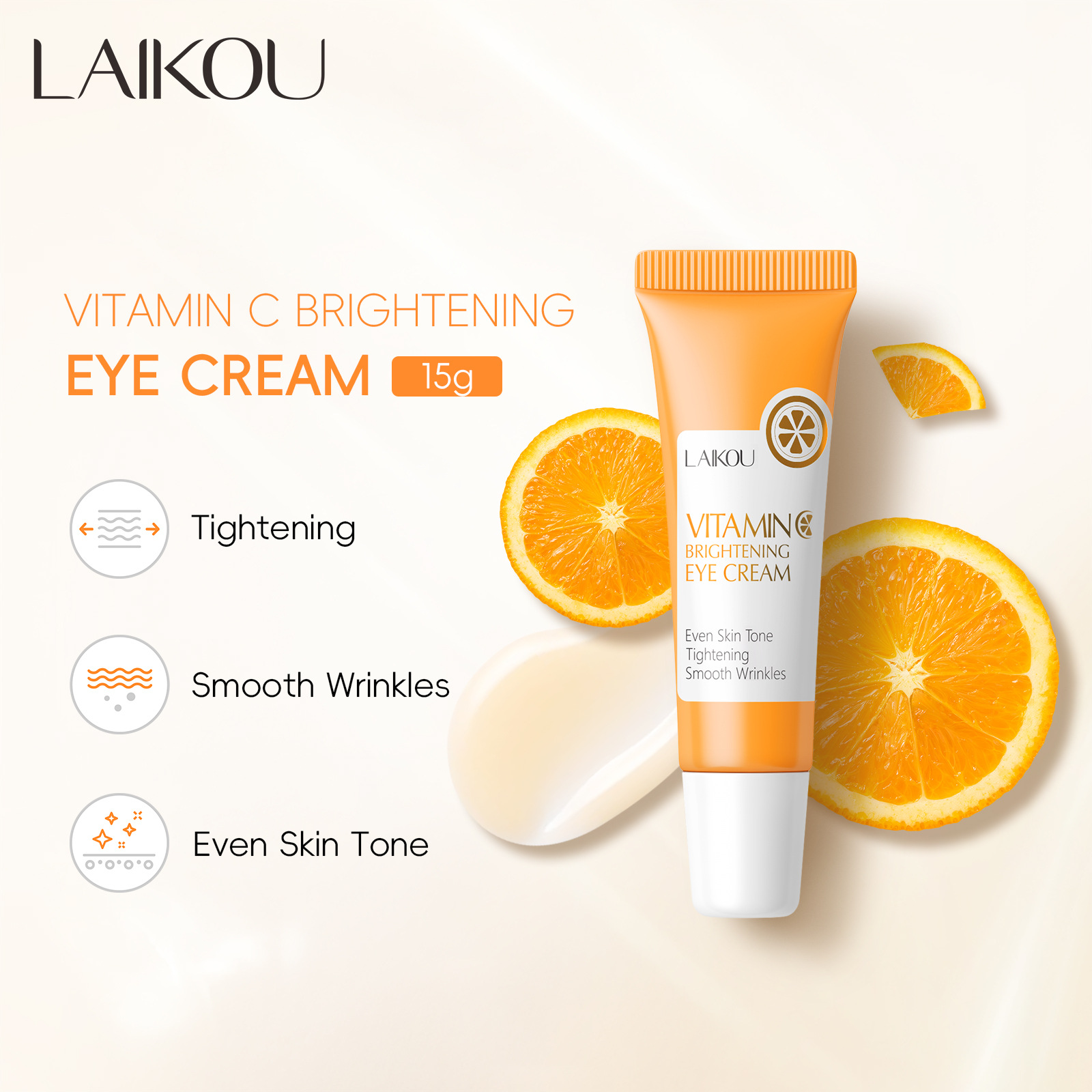 The new cross-border product LAIKOU Vitamin c Eye Cream 15g, an all-English eye cream, is an export skin care product that can reduce eye circles, hydrate and moisturize full figure