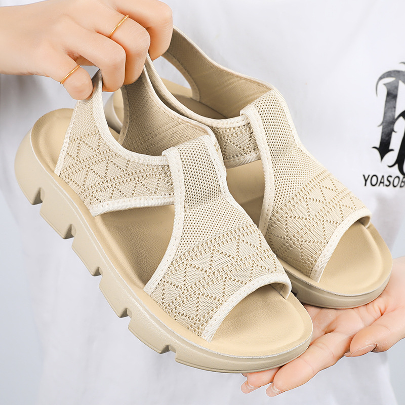 Women's Shoes 2025 Summer Breathable sandals, thick-soled casual foreign trade women's shoes, wedge heel half slippers, mesh flat sandals full figure