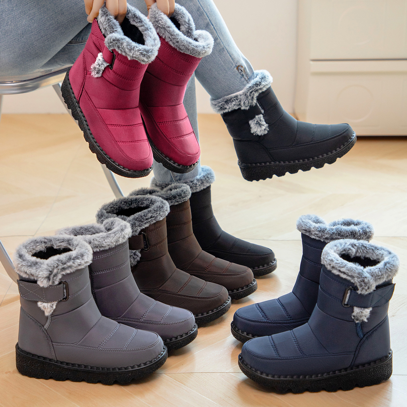 Snow boots, women's fleece and thickened cotton boots, cross-border temu height-increasing thick-soled cotton shoes, large-sized winter polyurethane women's boots Application Scenario