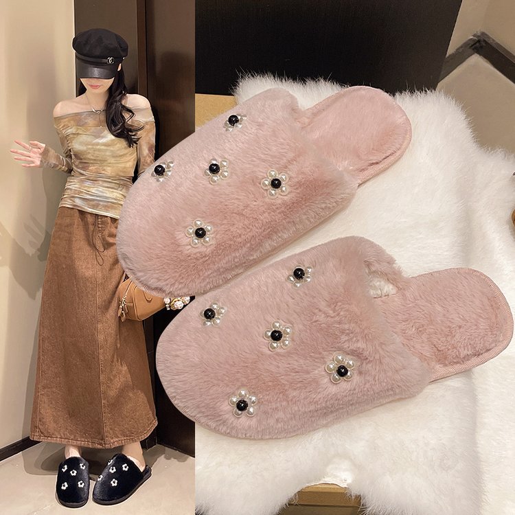 Wholesale of the 2025 autumn/winter new fashion pearl flower cotton flip-flops for daily home use with soft soles and warmth details Picture