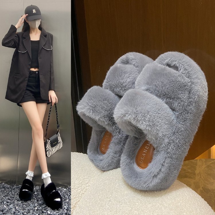 7CM thick-soled slippers, new autumn and winter style, furry slippers, women's parallel bars, Korean style casual, fleece and thickened home slippers, worn outside full figure