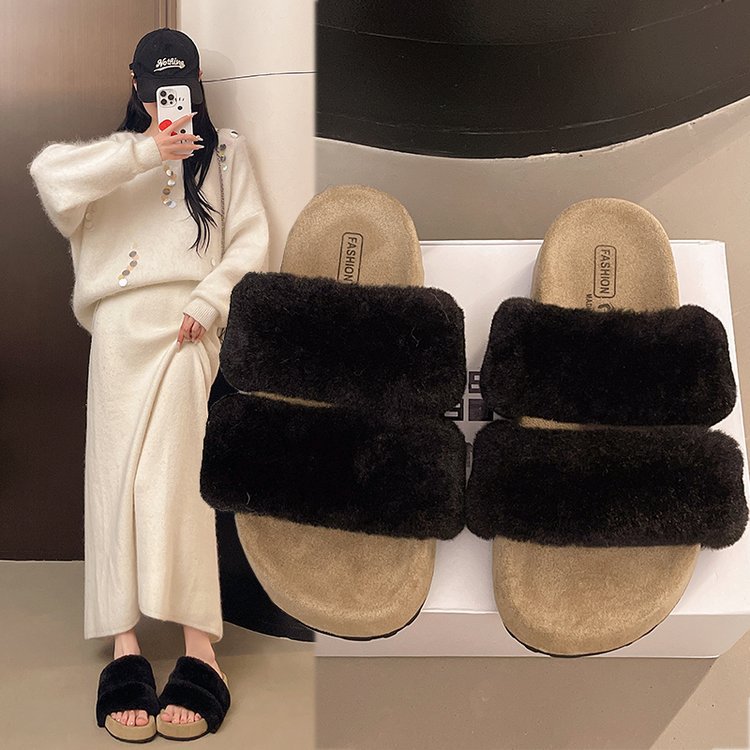 White thick-soled woolen slippers for women's outerwear, a new style of fluffy and fleece one-line cotton slippers in the autumn of 2025 details Picture