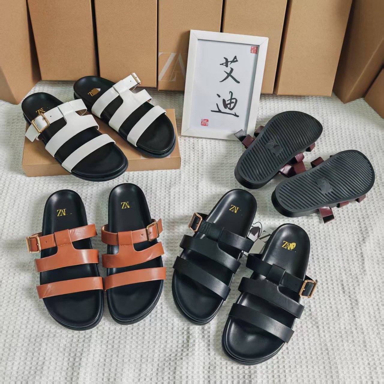 Eddie Shoes' in-stock Temu best-selling ZR flat shoes, lace-up leather sandals, metal buckle women's flat flip-flops details Picture