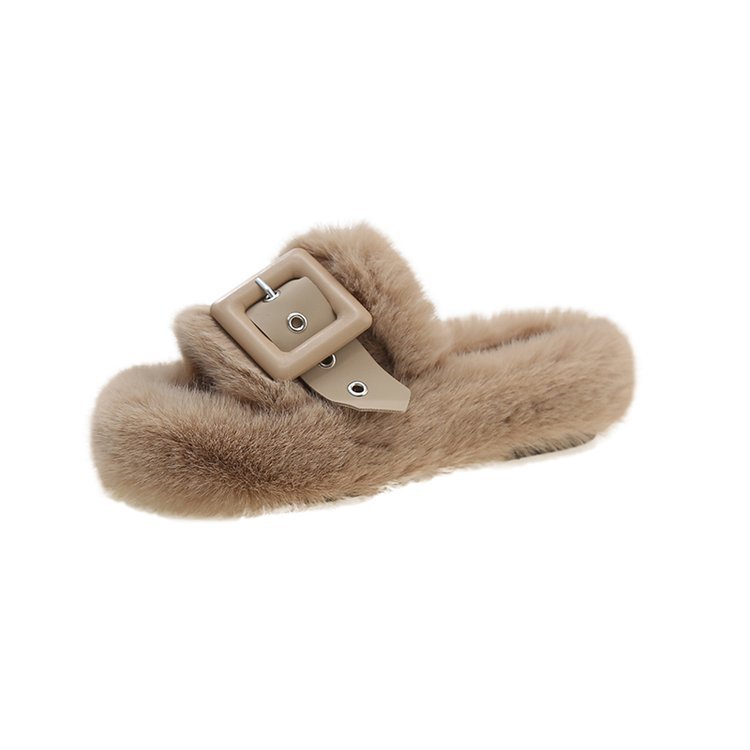 A niche Instagram trendy influencer's thick-soled, versatile outerwear casual fleece one-shoulder cotton slippers for autumn and winter Item Picture