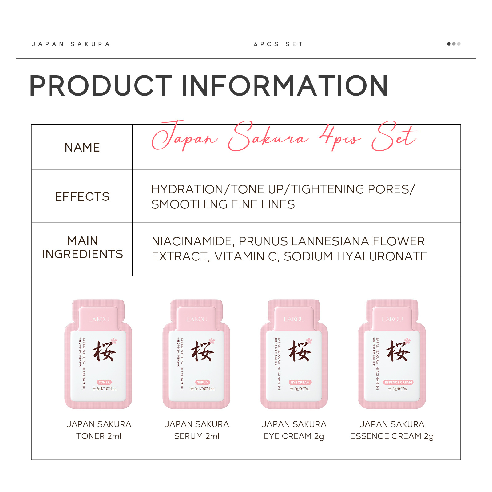 Laikou Sakura Malay 4-Pack (Water + Face Cream + Essence + Eye Cream) All-English foreign code skin care products cross-border Specification drawing