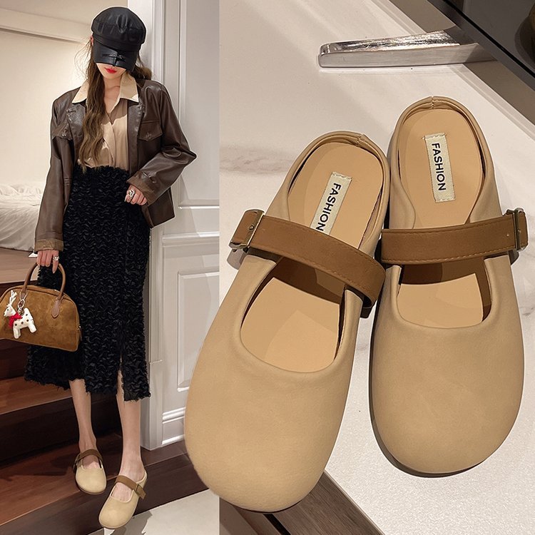 Baotou half-slipper women's outerwear 2025 Spring/Summer soft-soled soft leather retro Boken shoes, one-shoulder lazy bean shoes full figure