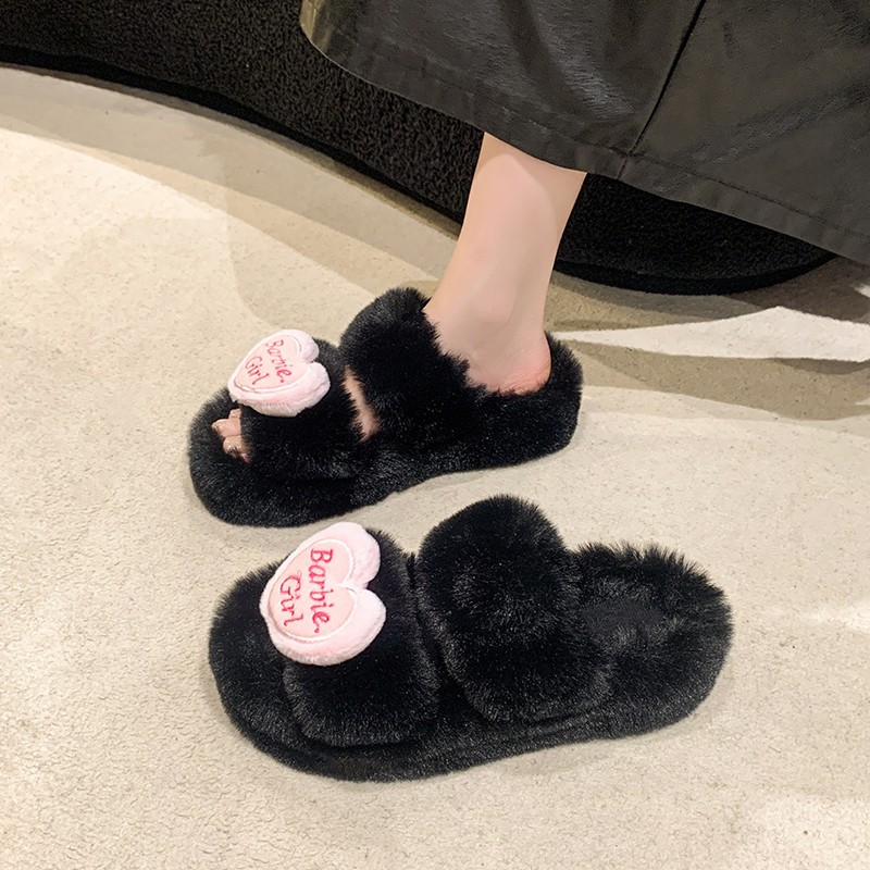 Heart-shaped accessories: Fluffy slippers for women's outerwear 2025 Autumn/Winter new style Sweet girls' home double-bar plush cotton slippers Specification drawing