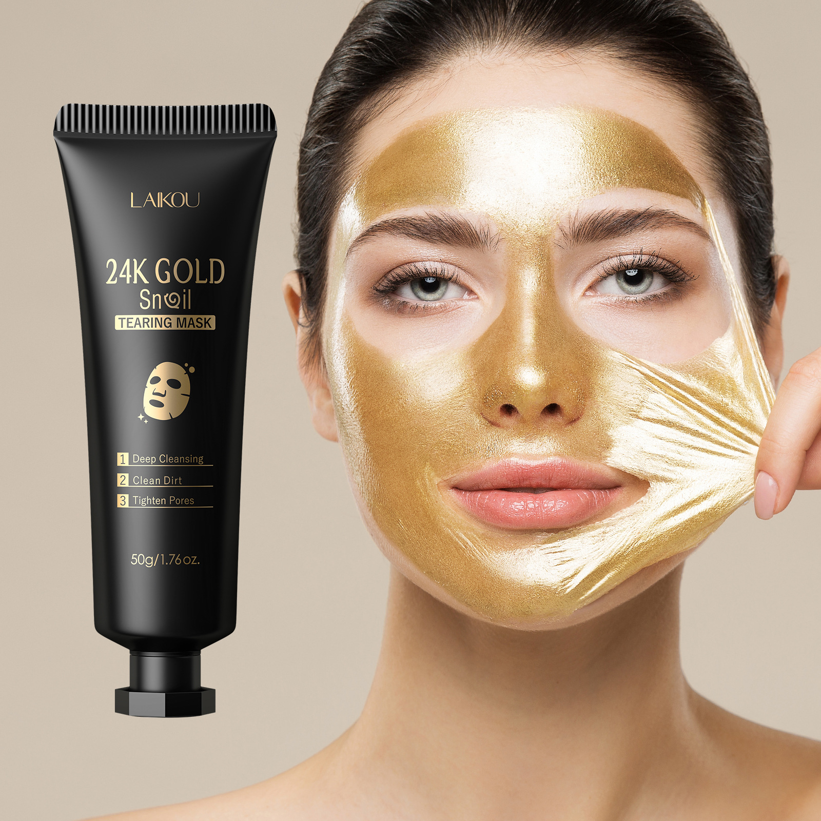 LAIKOU 24K Gold Foil Snail Peel-off Mask 50g(Tube) Pore-cleansing Mask fda Export Mask full figure