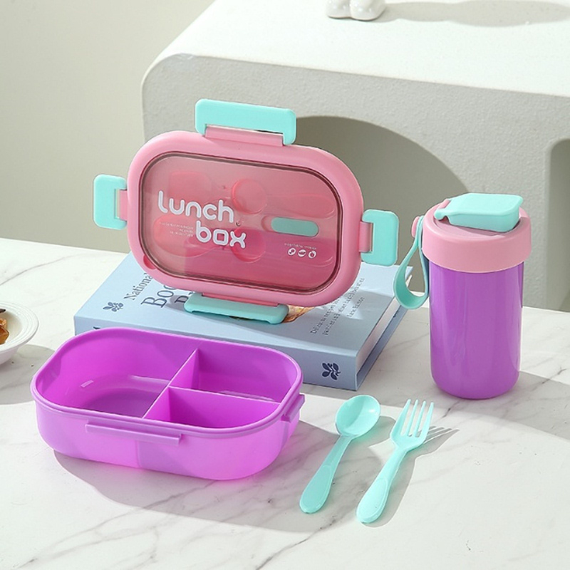 儿童饭盒水杯餐具套装 四色分隔密封便当盒 学生便携带饭餐盒组合详情2
