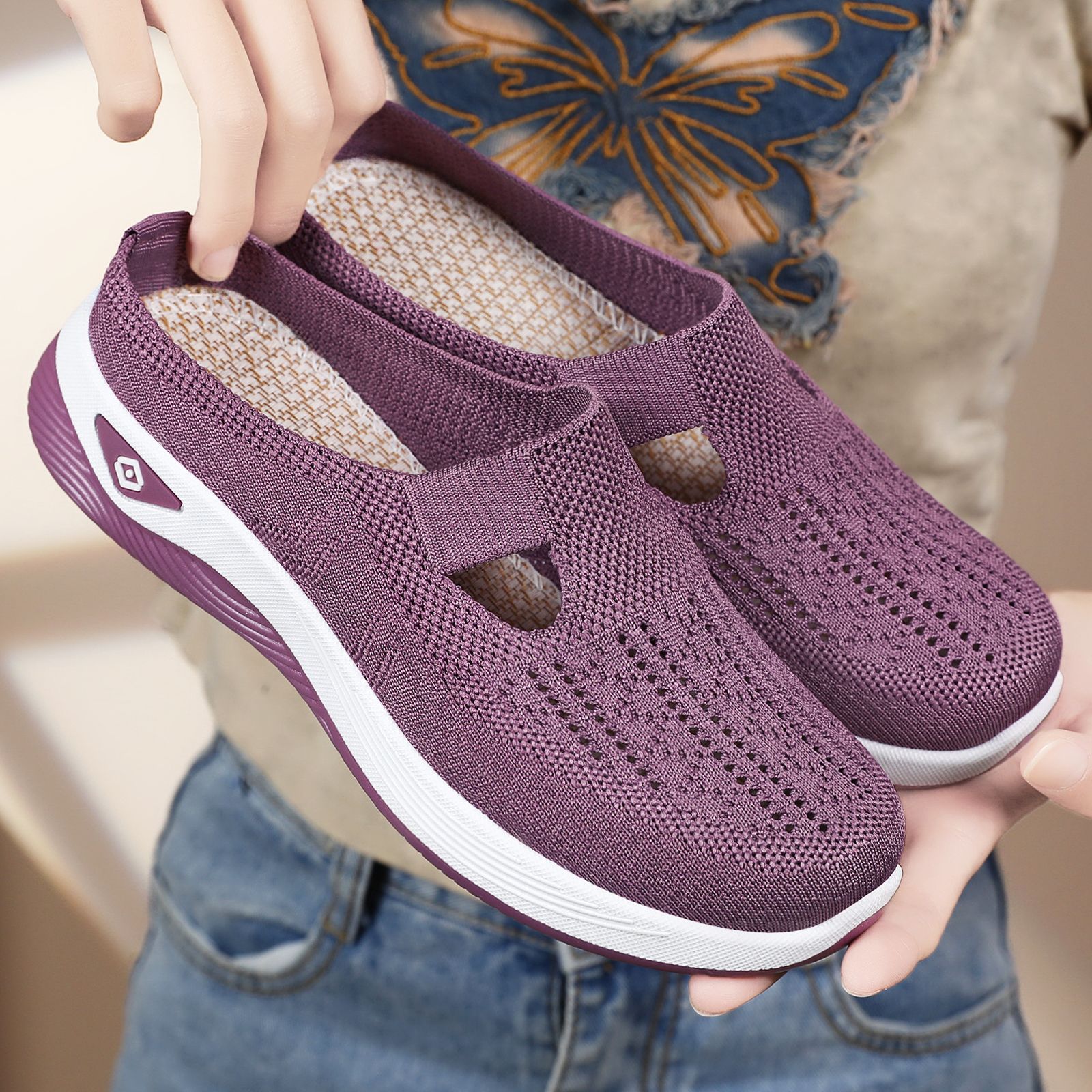 Half-drag women's shoes, versatile casual shoes, cross-border breathable flip-flops, one-step lazy shoes, mesh soft-soled single shoes for women full figure