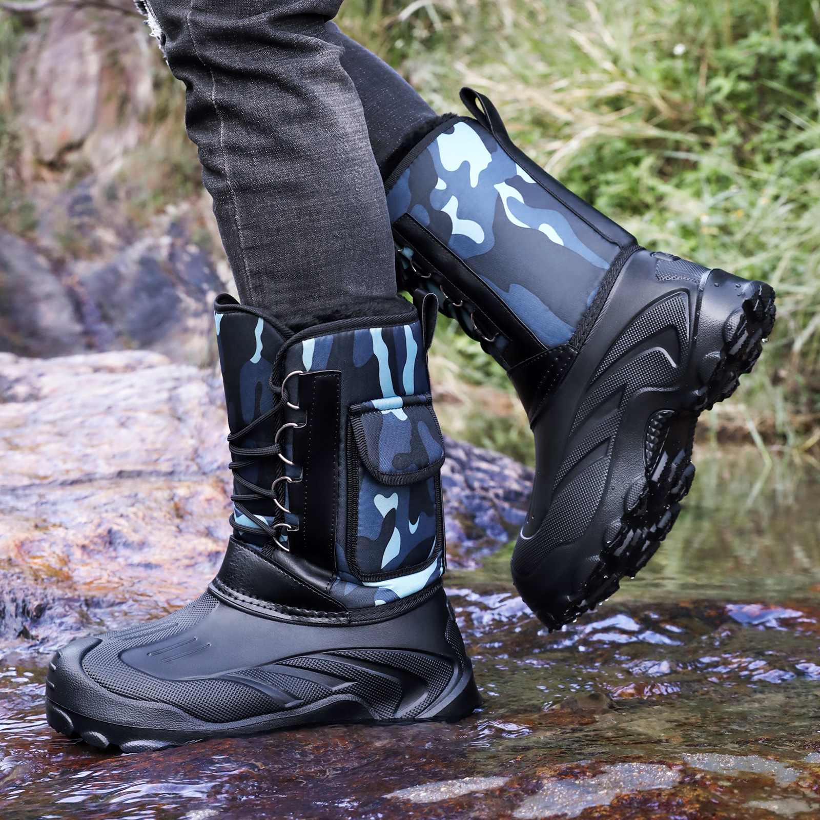 New winter cotton shoes men's high-top snow boots with added fleece and thickening, waterproof and anti-slip, one-foot cotton boots cross-border consignment details Picture