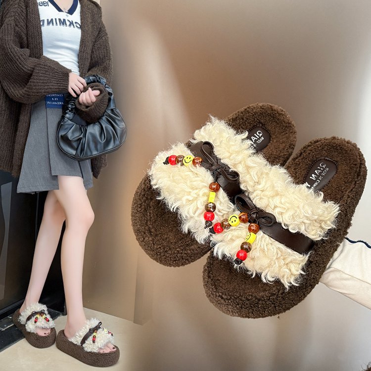 New 4CM thick-soled boat-shaped wool slippers for women, 2025 autumn/winter new faux lambskin straight-line cotton slippers for women full figure