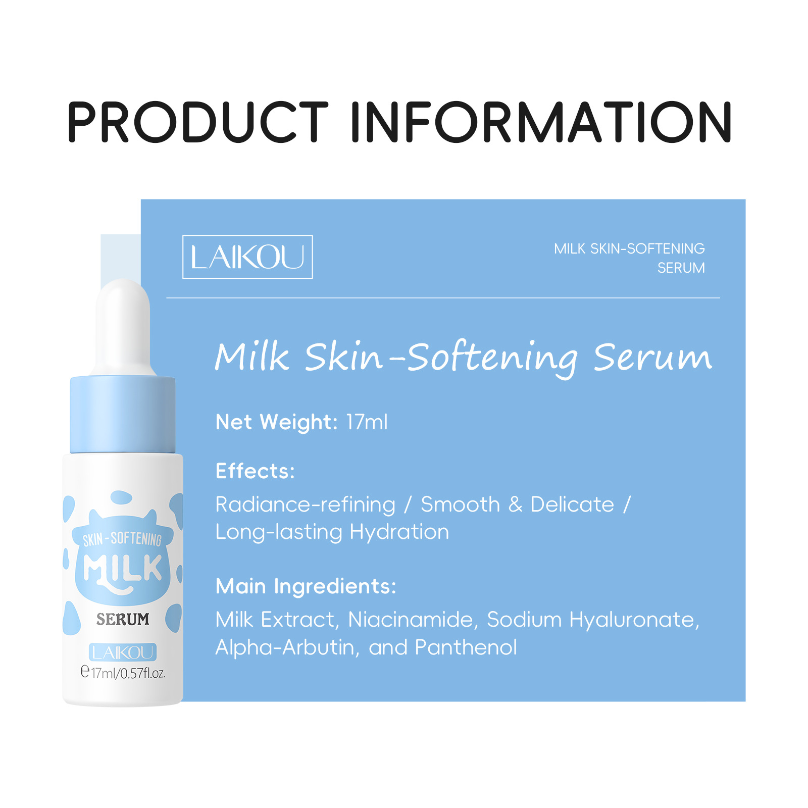 Cross-border LAIKOU Milk Essence 17ml Hydrating, Moisturizing and Nourishing, English packaging, facial essence manufacturer in stock Specification drawing