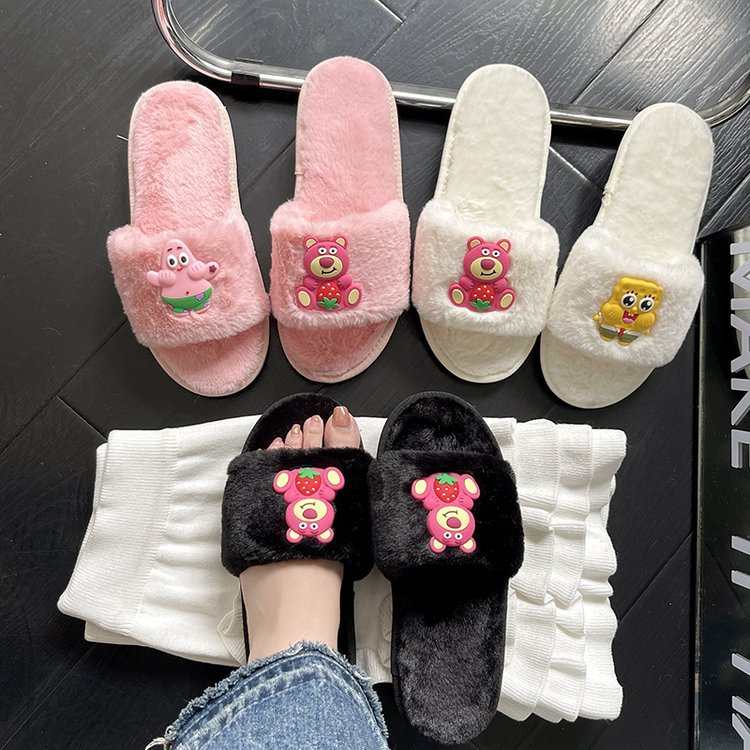 Cute, cute, flat and lightweight 2025 autumn and winter furry slippers for women to wear outdoors at home Specification drawing